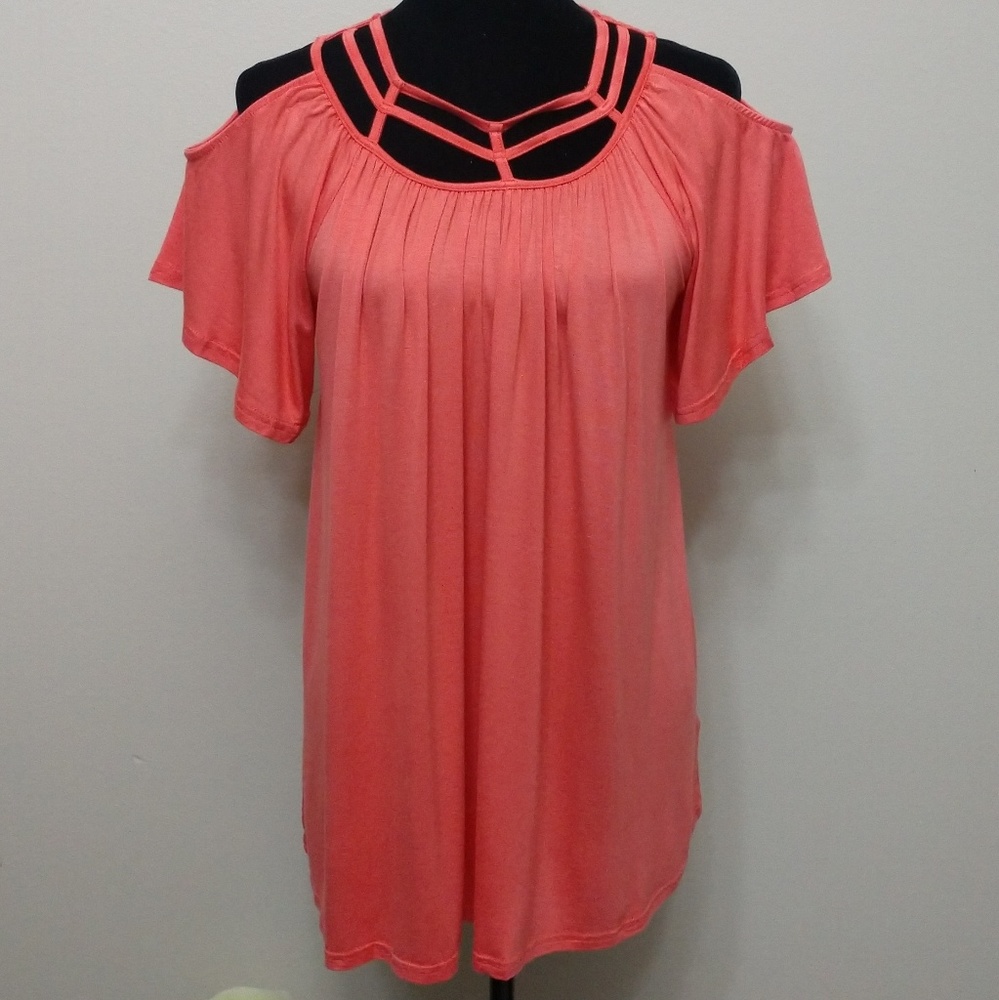 🆕 Coral Boho Cold Shoulder Top